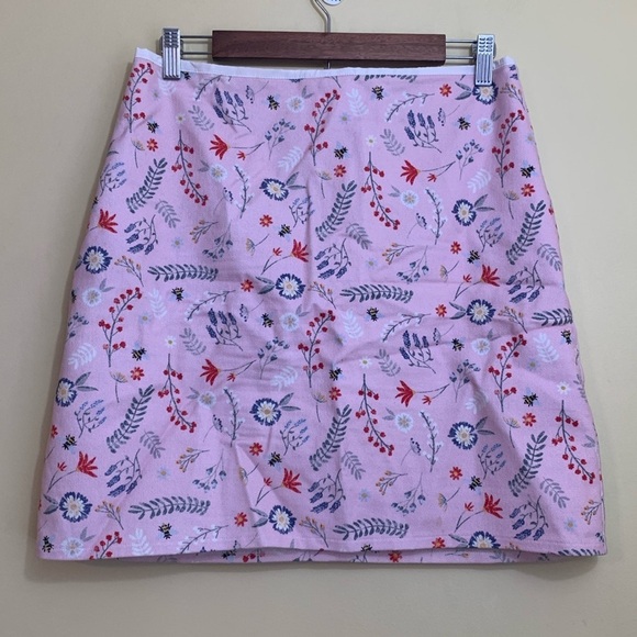 Twik | 100% Cotton Pink Floral Wild Flower Bees Fully Lined Beautiful Skirt L - Picture 1 of 11